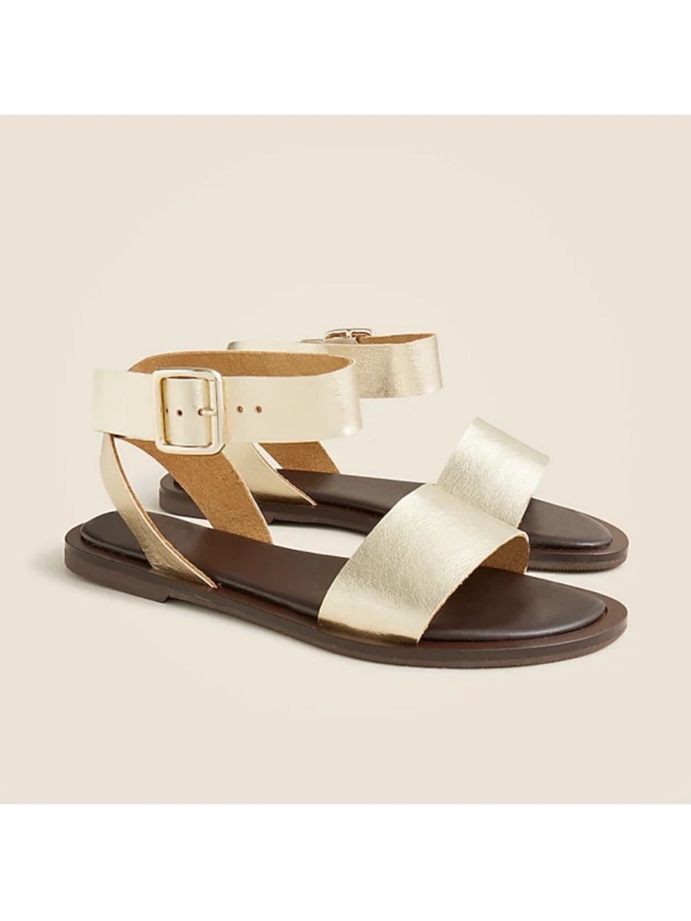 J. Crew Gold Leather Ankle-Strap Flat Sandals - CARSEN